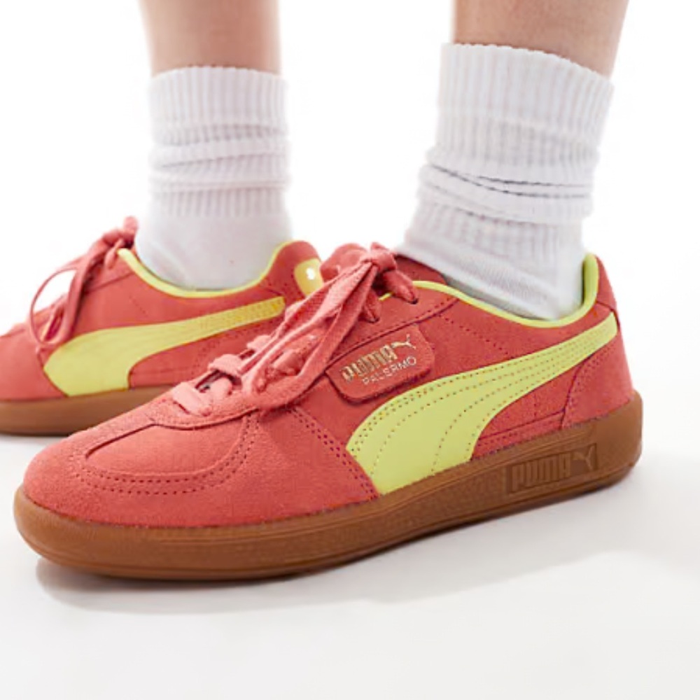 PUMA Palermo sneakers with rubber sole in coral and yellow 7.5